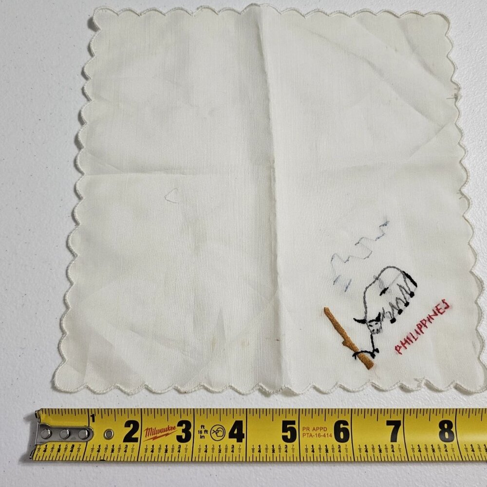 Vintage Handkerchief Hankie Philippines Stitched Straw Hut Bull Ox Palm Tree - Picture 7 of 13